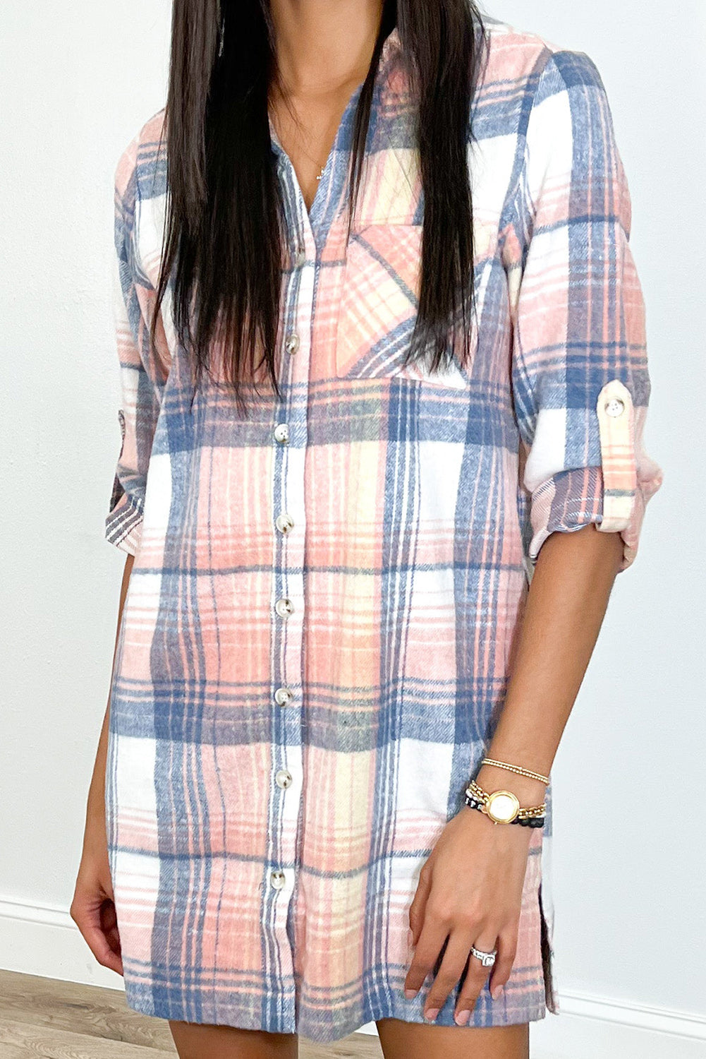 Pink Plaid Roll-tab Sleeve Side Slit Shirt Dress