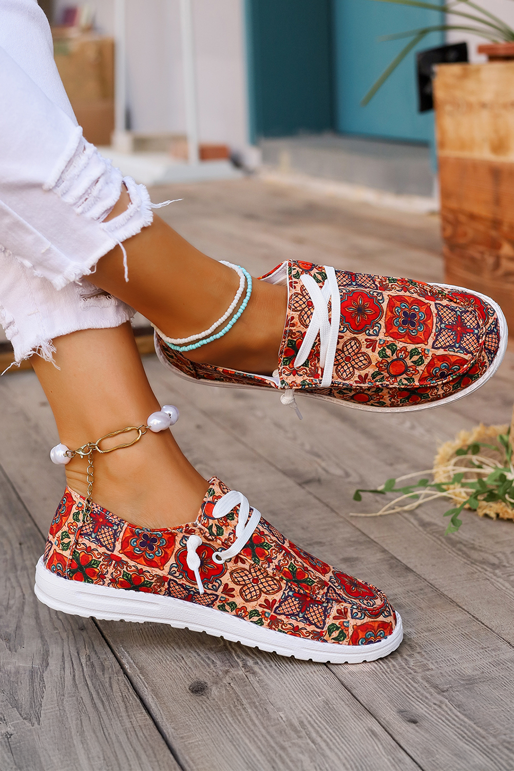 Fiery Red Ethnic Print Flat Slip On Shoes