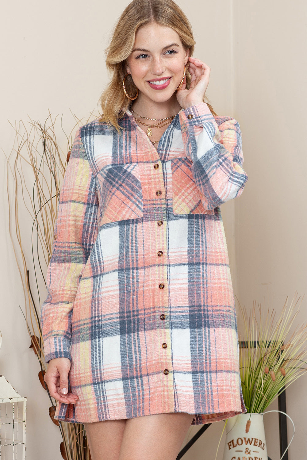 Pink Plaid Roll-tab Sleeve Side Slit Shirt Dress