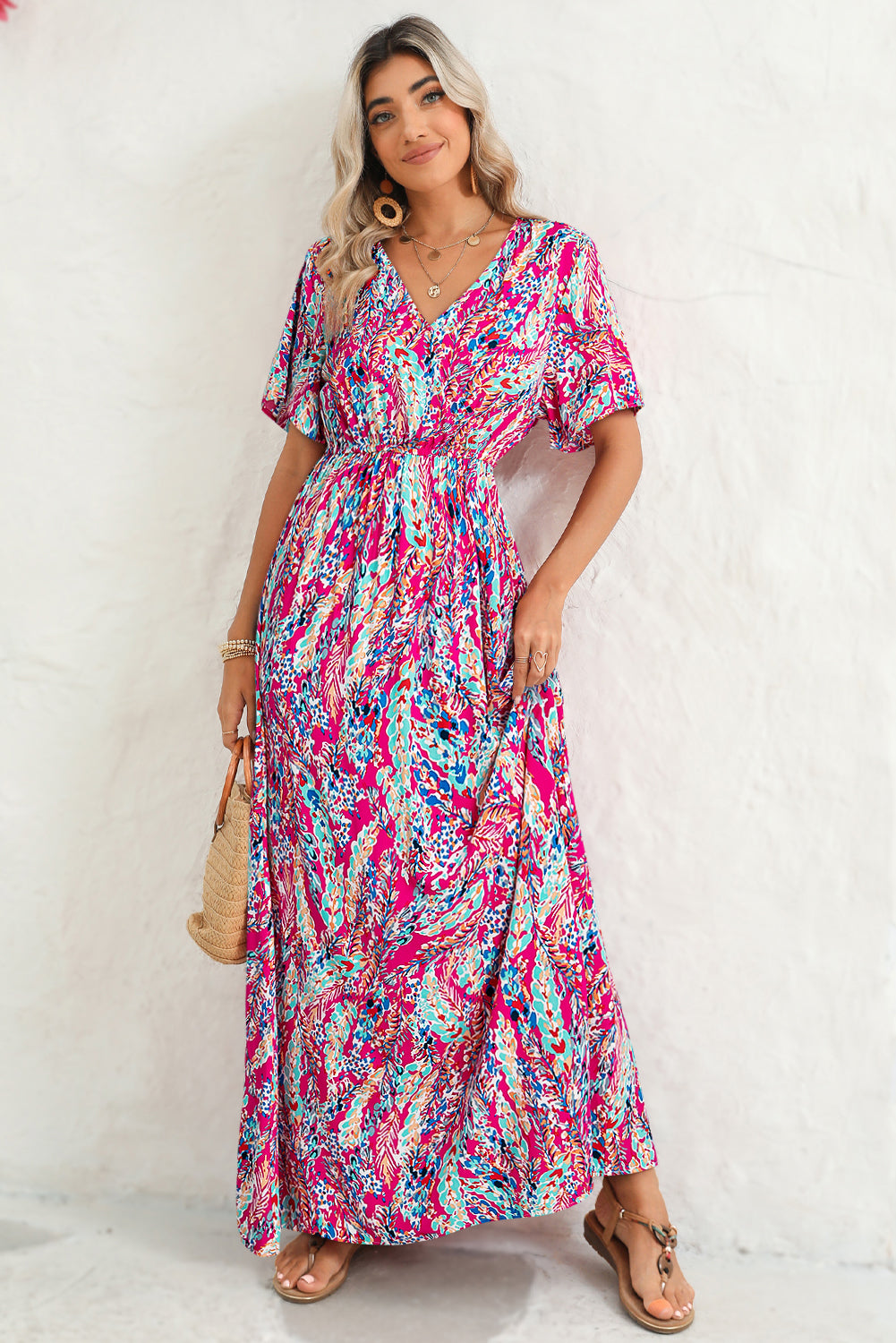 Abstract Print Wrap V Neck Flutter Sleeve Mid Length Summer Dress