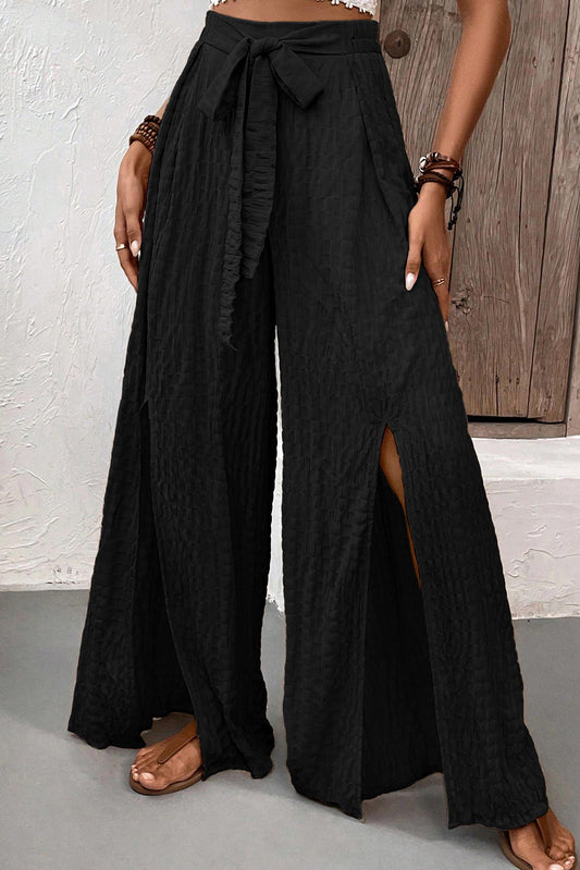 Black Crinkle Texture Knot Waist Slits Flared Pants