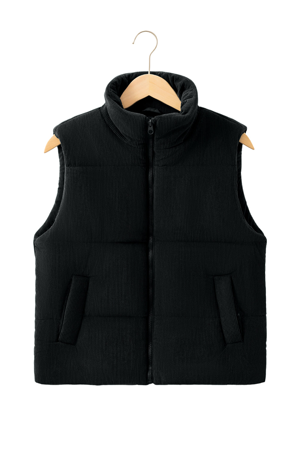 Jungle Green Solid Color Corduroy Puffer Vest Coat