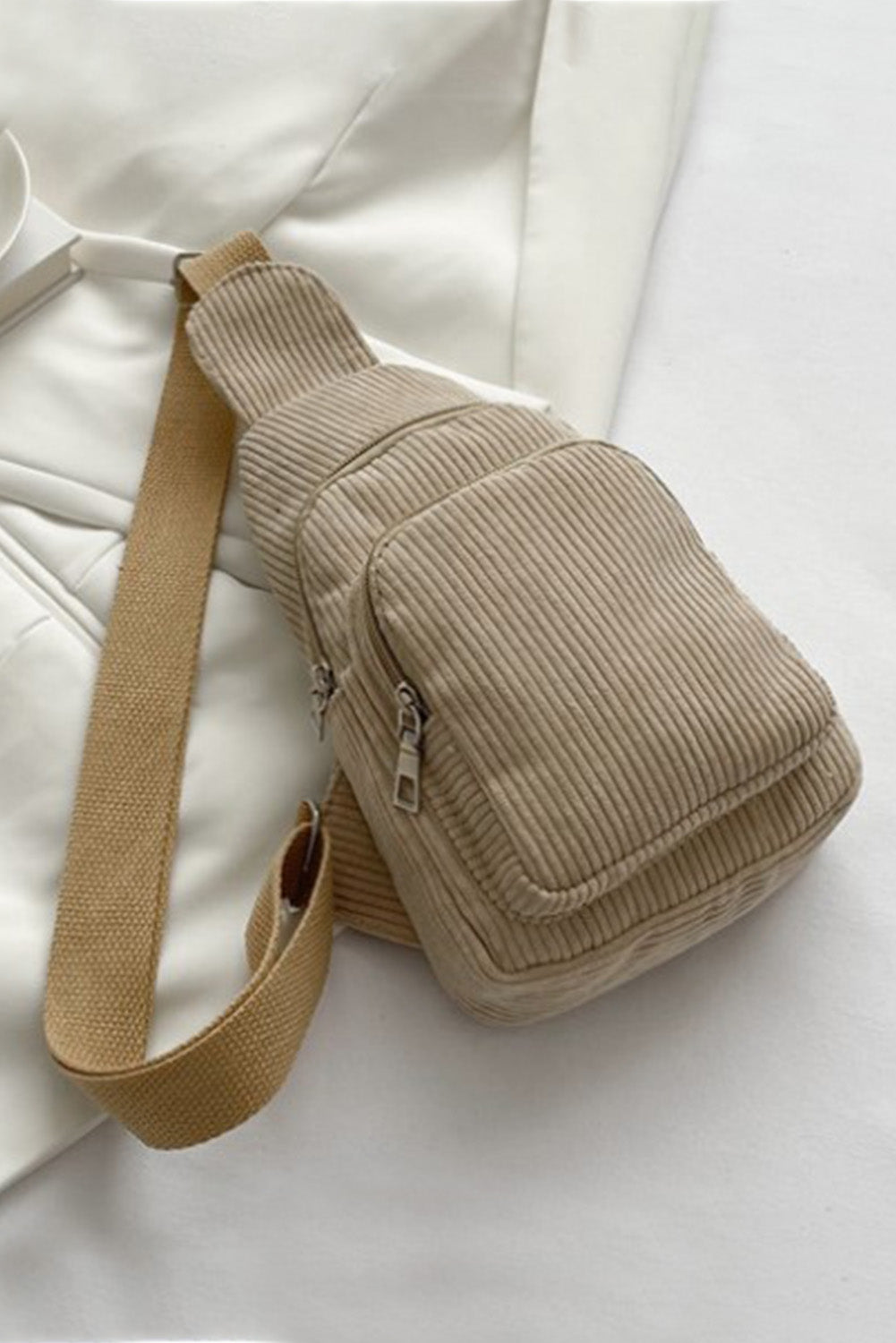 Khaki Casual Corduroy Zipper Crossbody Bag