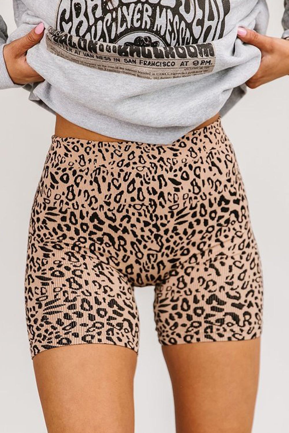 Khaki Leopard Print Ribbed Textured Knit Biker Shorts