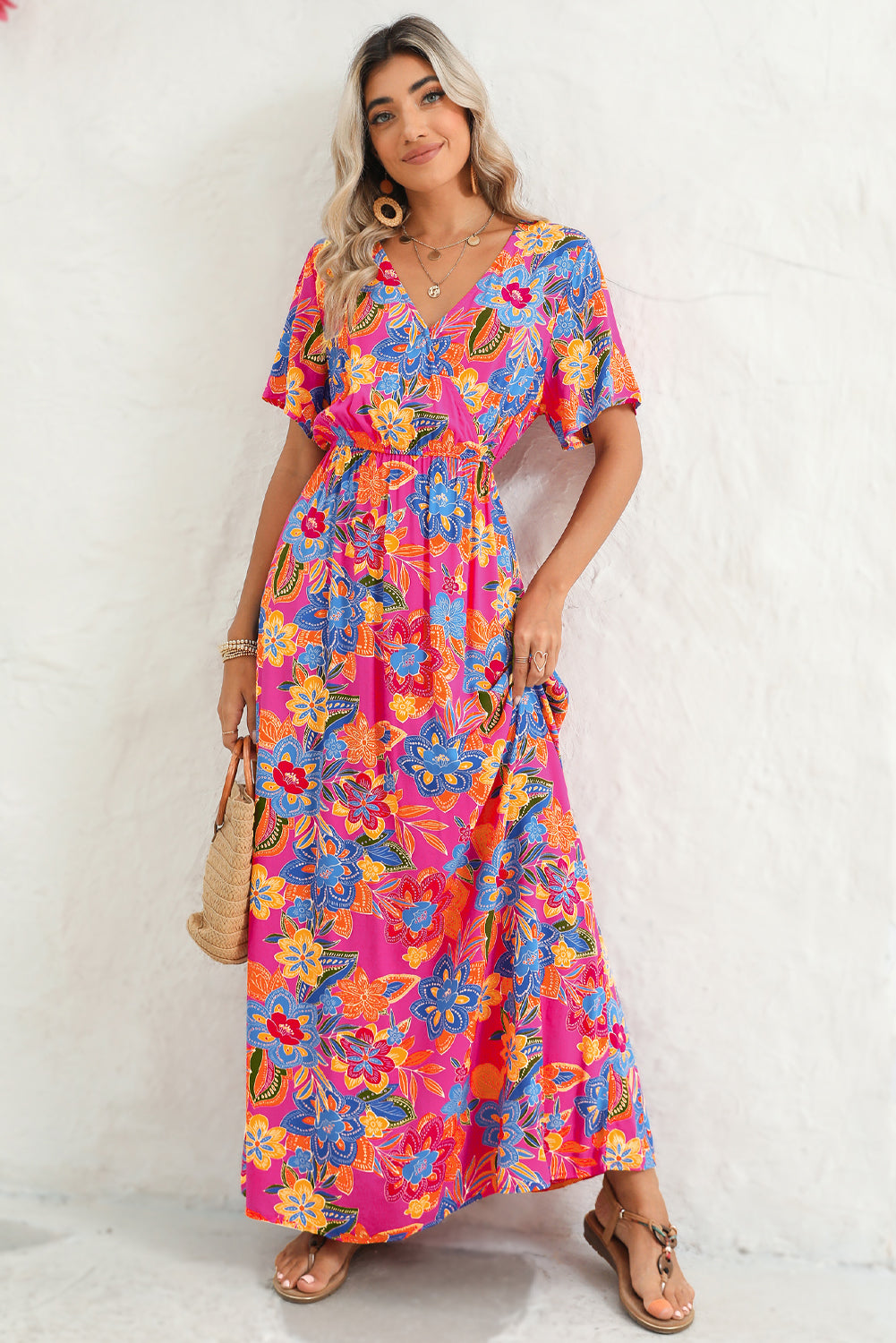 Abstract Print Wrap V Neck Flutter Sleeve Mid Length Summer Dress