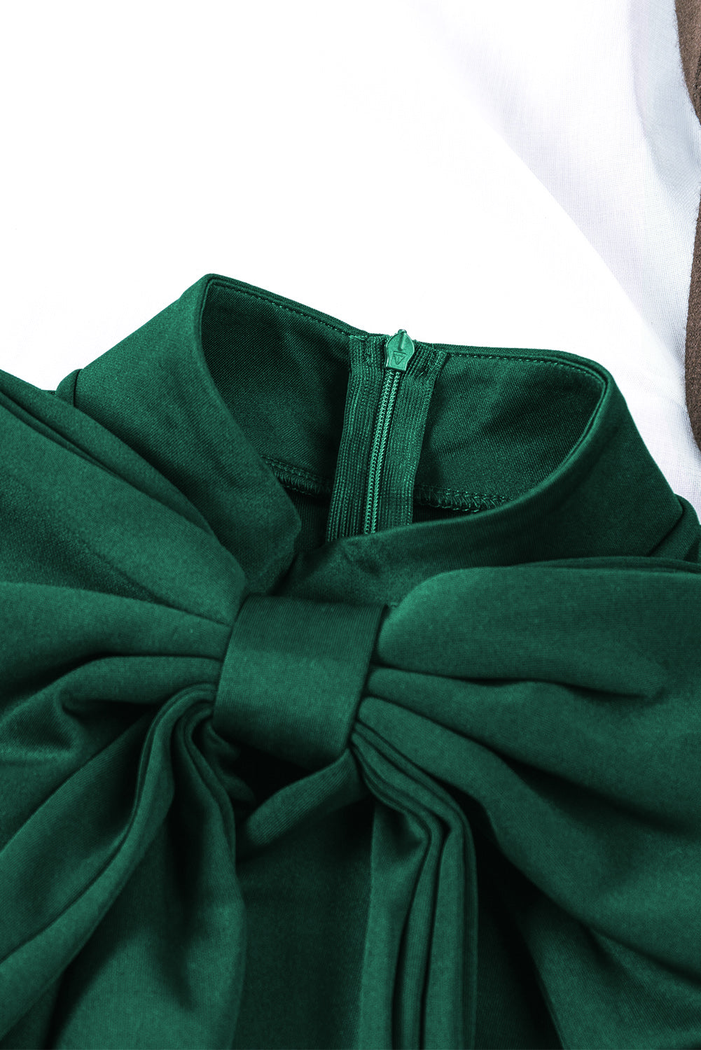 Green Asymmetric Peplum Style Pussy Bow Dress