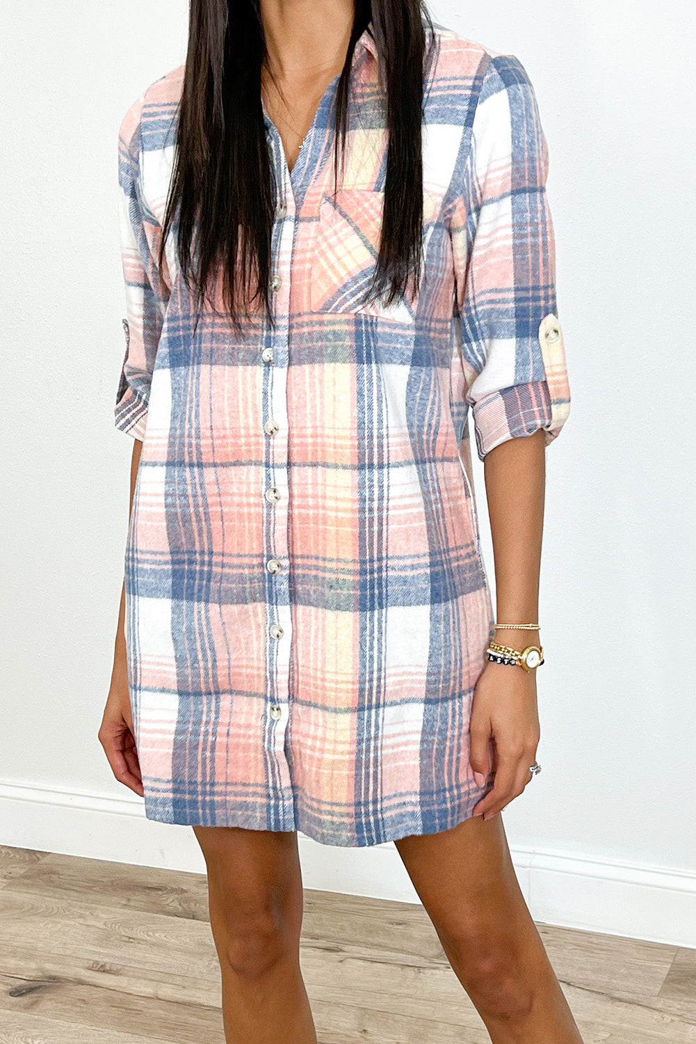 Pink Plaid Roll-tab Sleeve Side Slit Shirt Dress