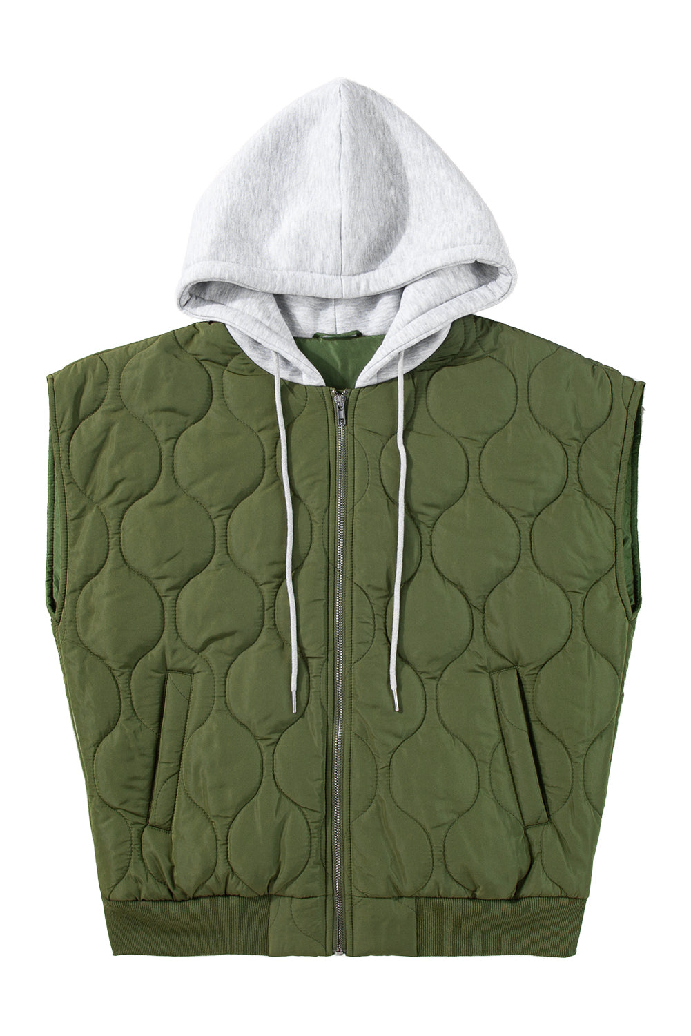 Jungle Green Quilted Drawstring Hooded Zip Up Puffer Vest