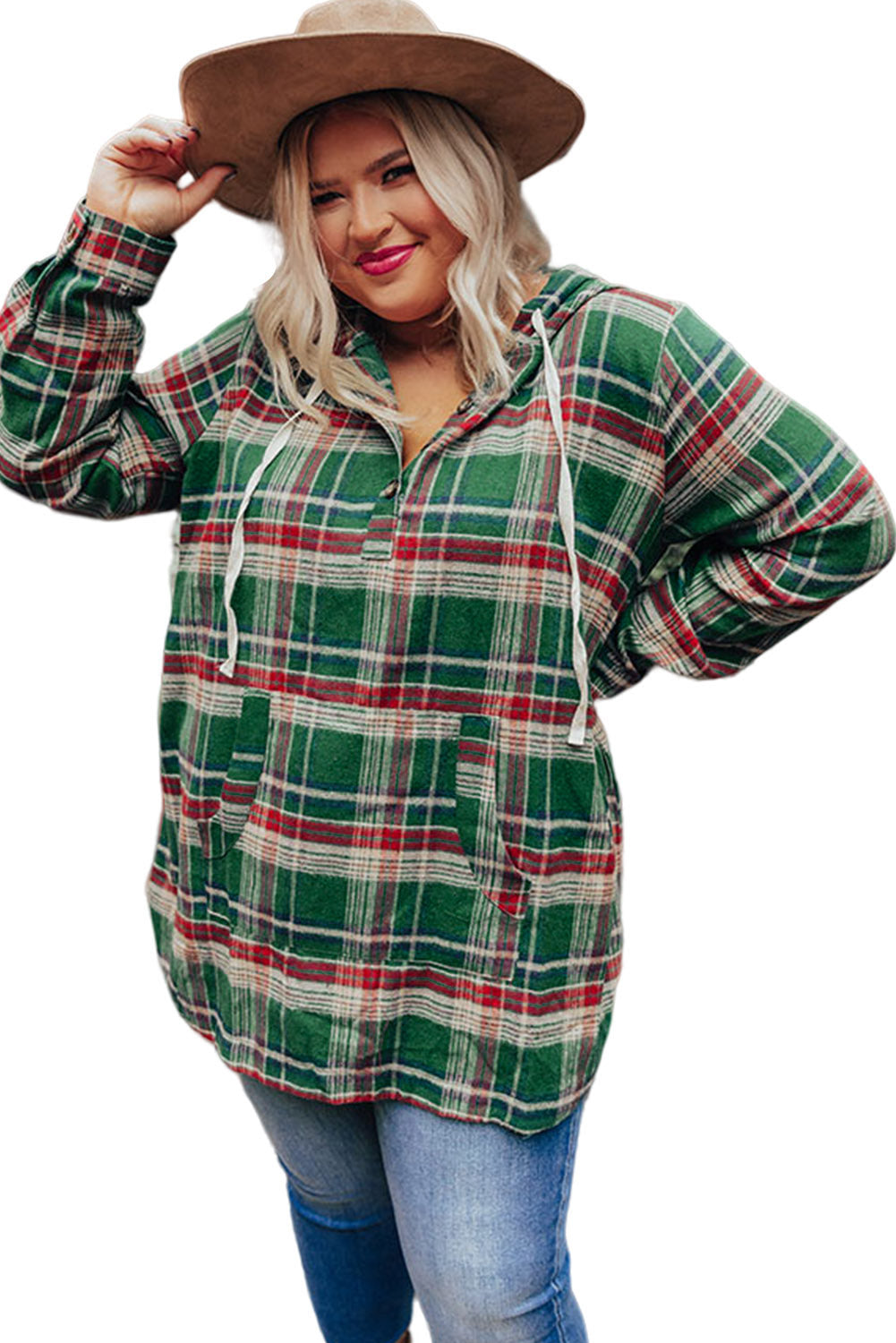 Red Plus Size Plaid Kangaroo Pocket Drawstring Hoodie