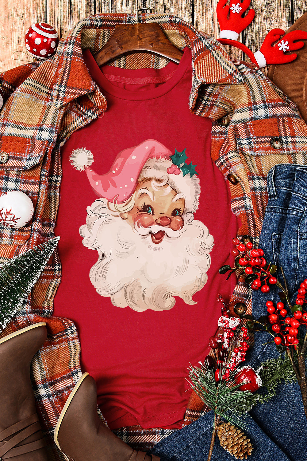 Red Christmas Santa Clause Print Crew Neck T Shirt