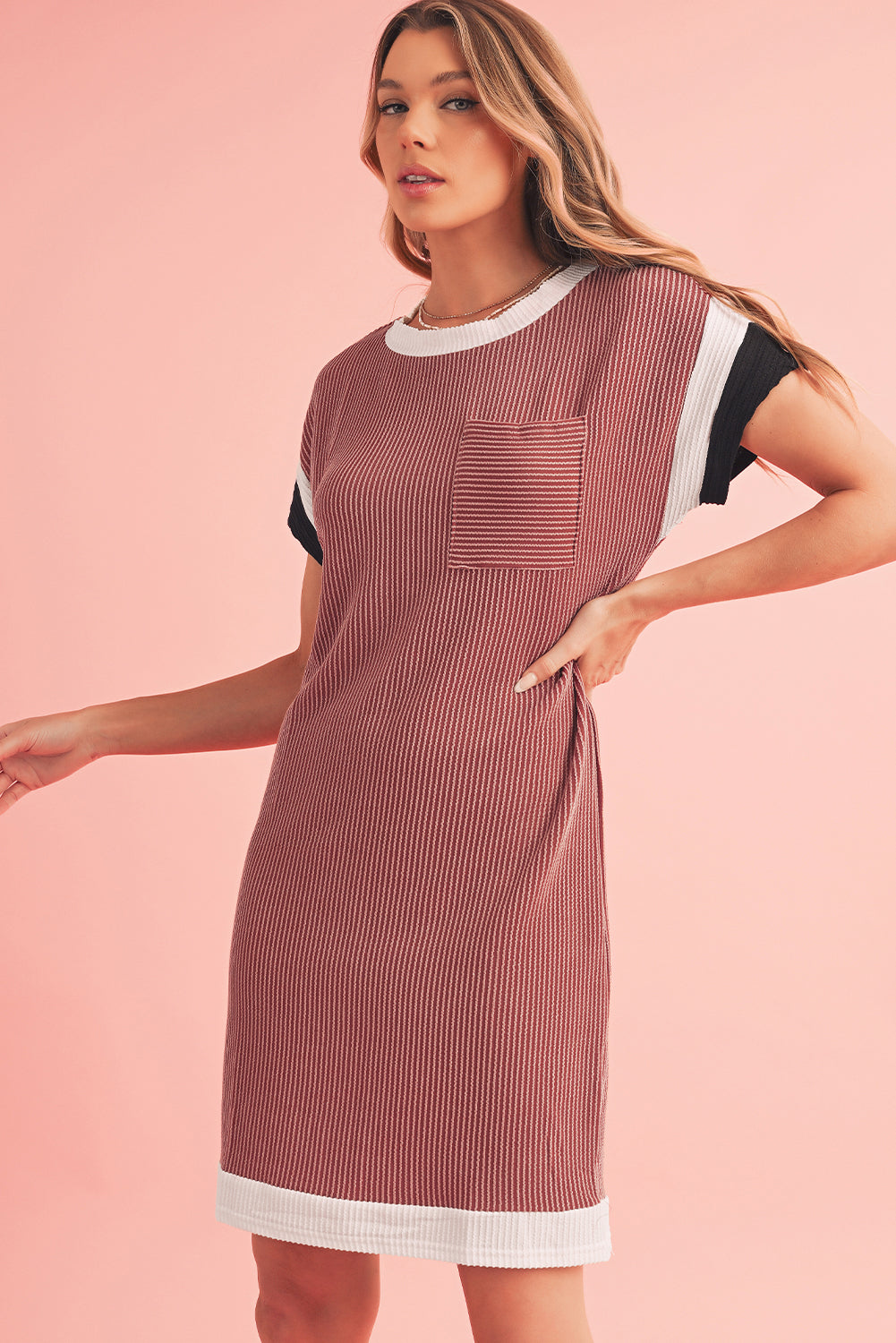 Rose Red Rib Textured Colorblock Contrast Pocket T Shirt Dress