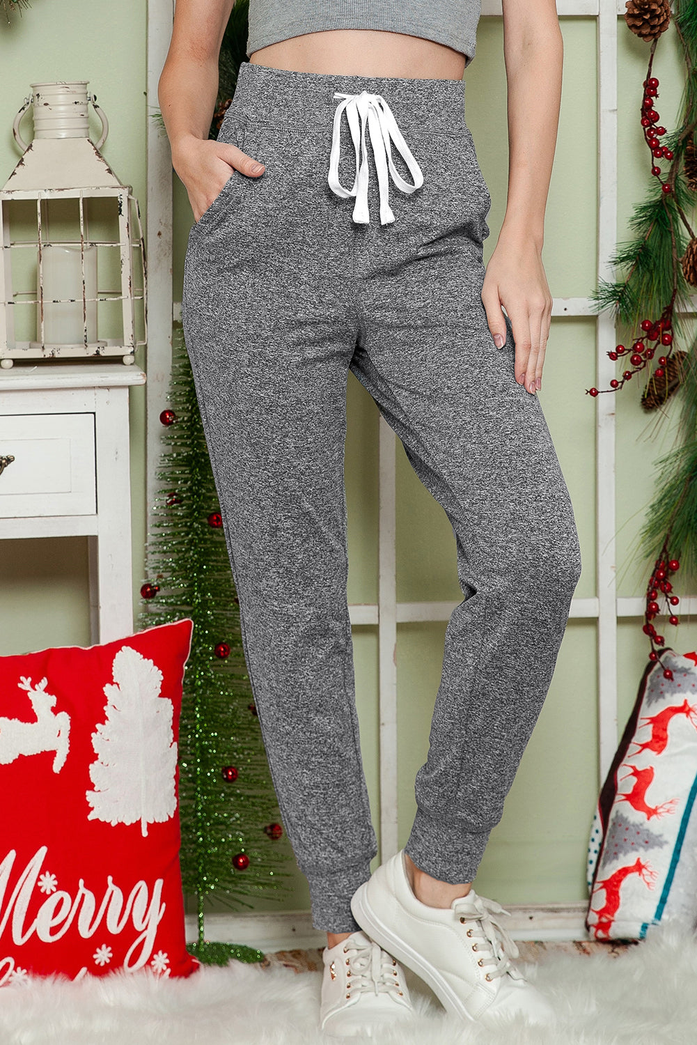 Gray Drawstring Waist Pocketed Joggers