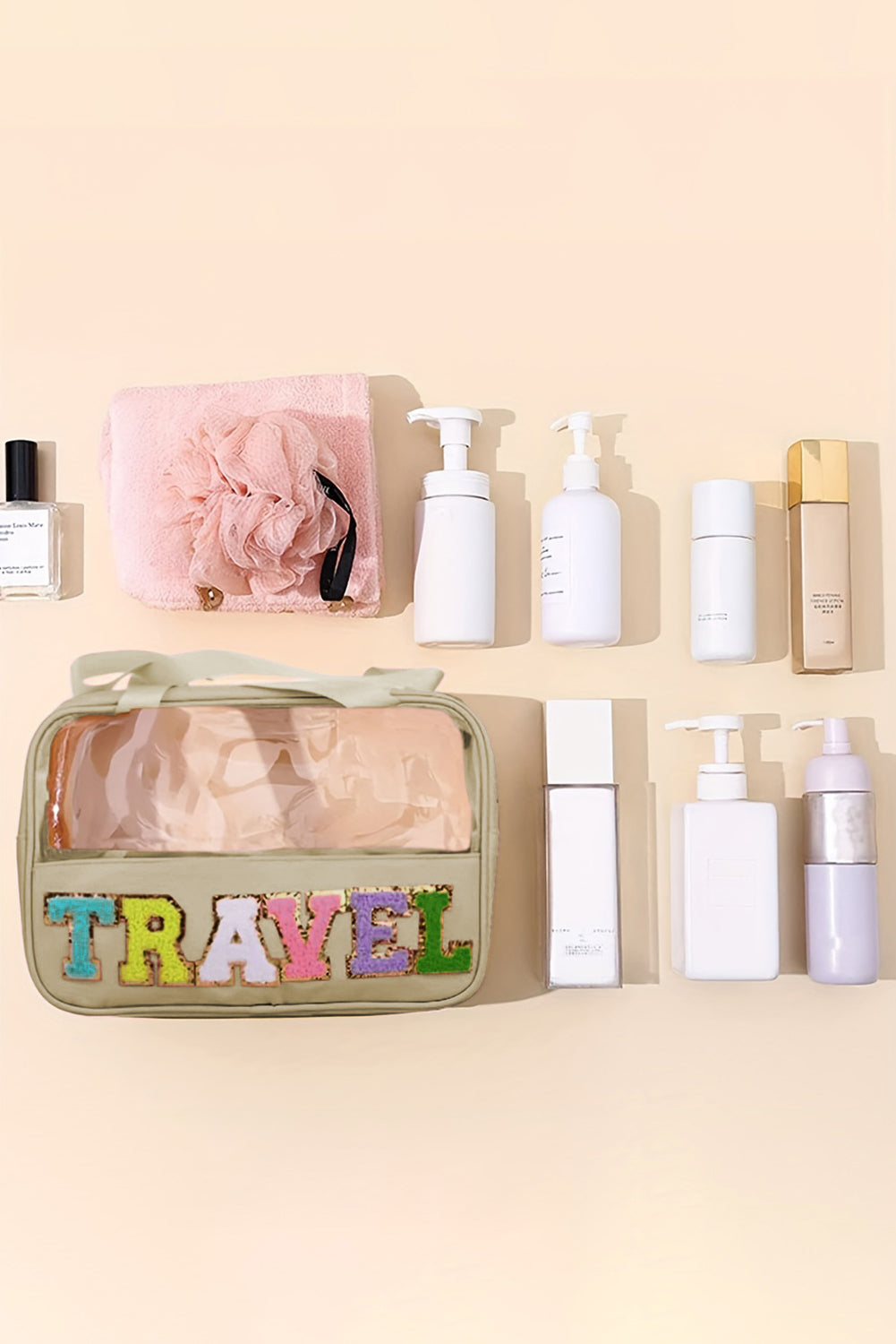 Light Pink TRAVEL Chenille Letter Clear PVC Makeup Bag