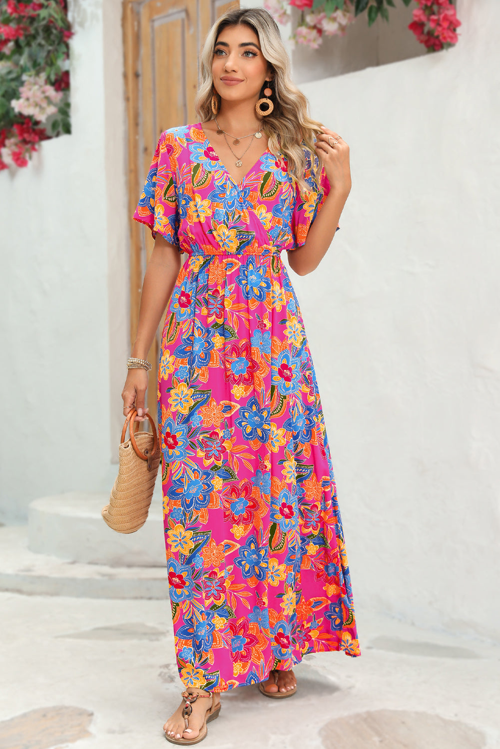 Abstract Print Wrap V Neck Flutter Sleeve Mid Length Summer Dress