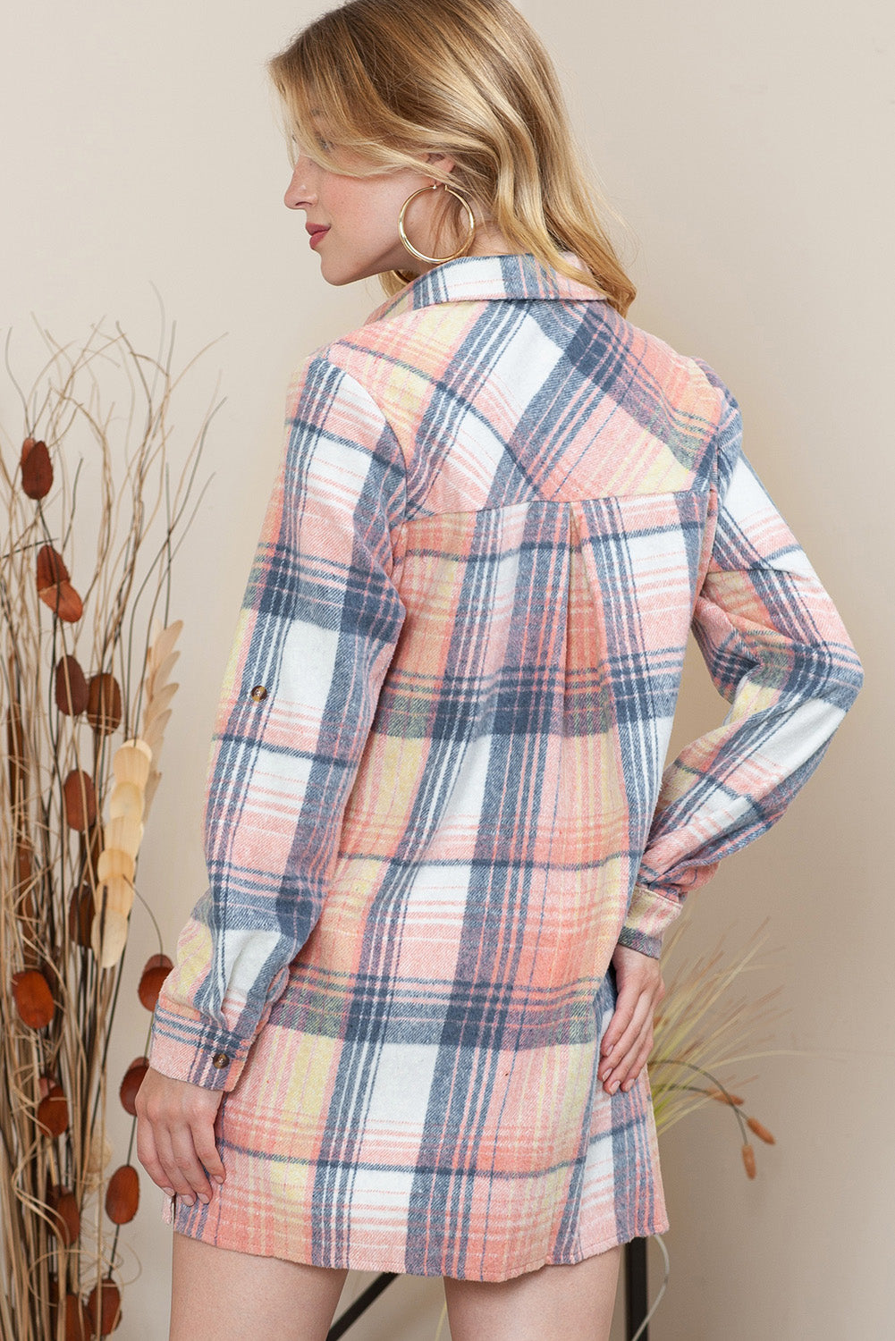 Pink Plaid Roll-tab Sleeve Side Slit Shirt Dress