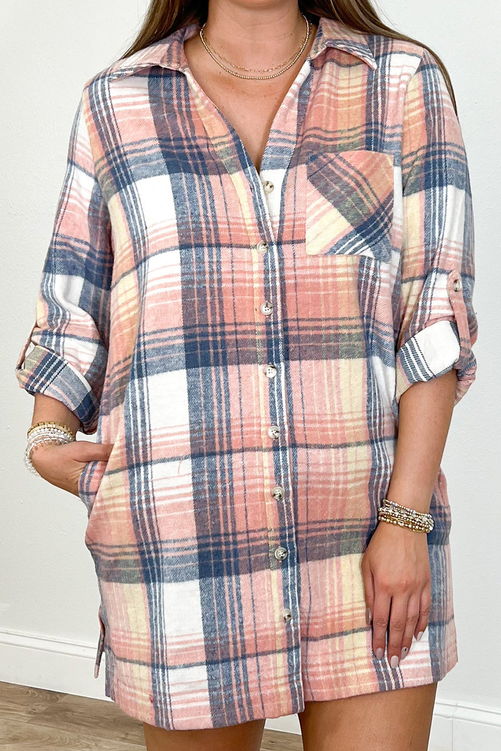 Pink Plaid Roll-tab Sleeve Side Slit Shirt Dress