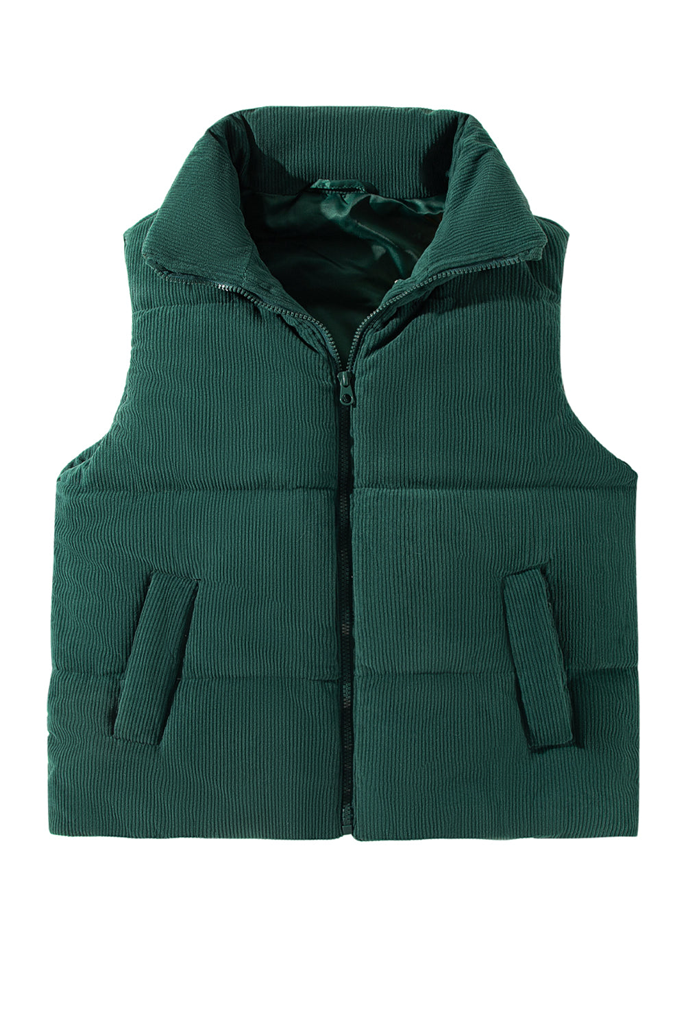 Jungle Green Solid Color Corduroy Puffer Vest Coat