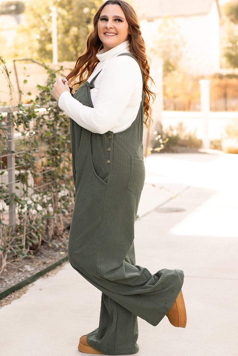 Jungle Green Plus Size Side Pockets Corduroy Overall