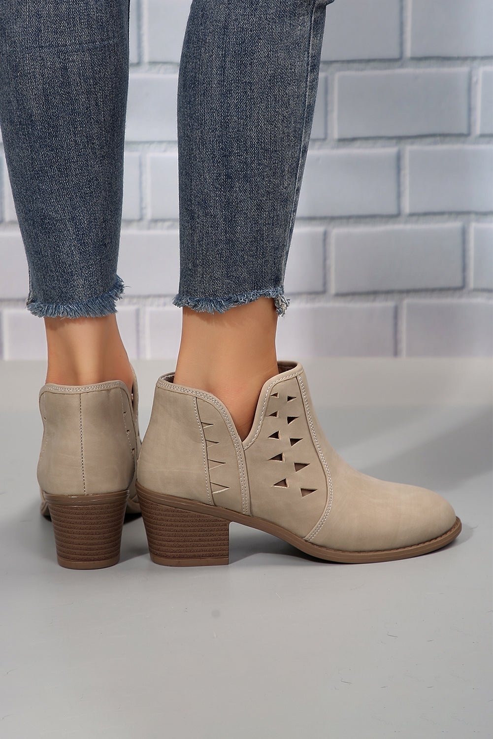 Parchment Cut Out Suede Pointed Toe Heeled Ankle Boots