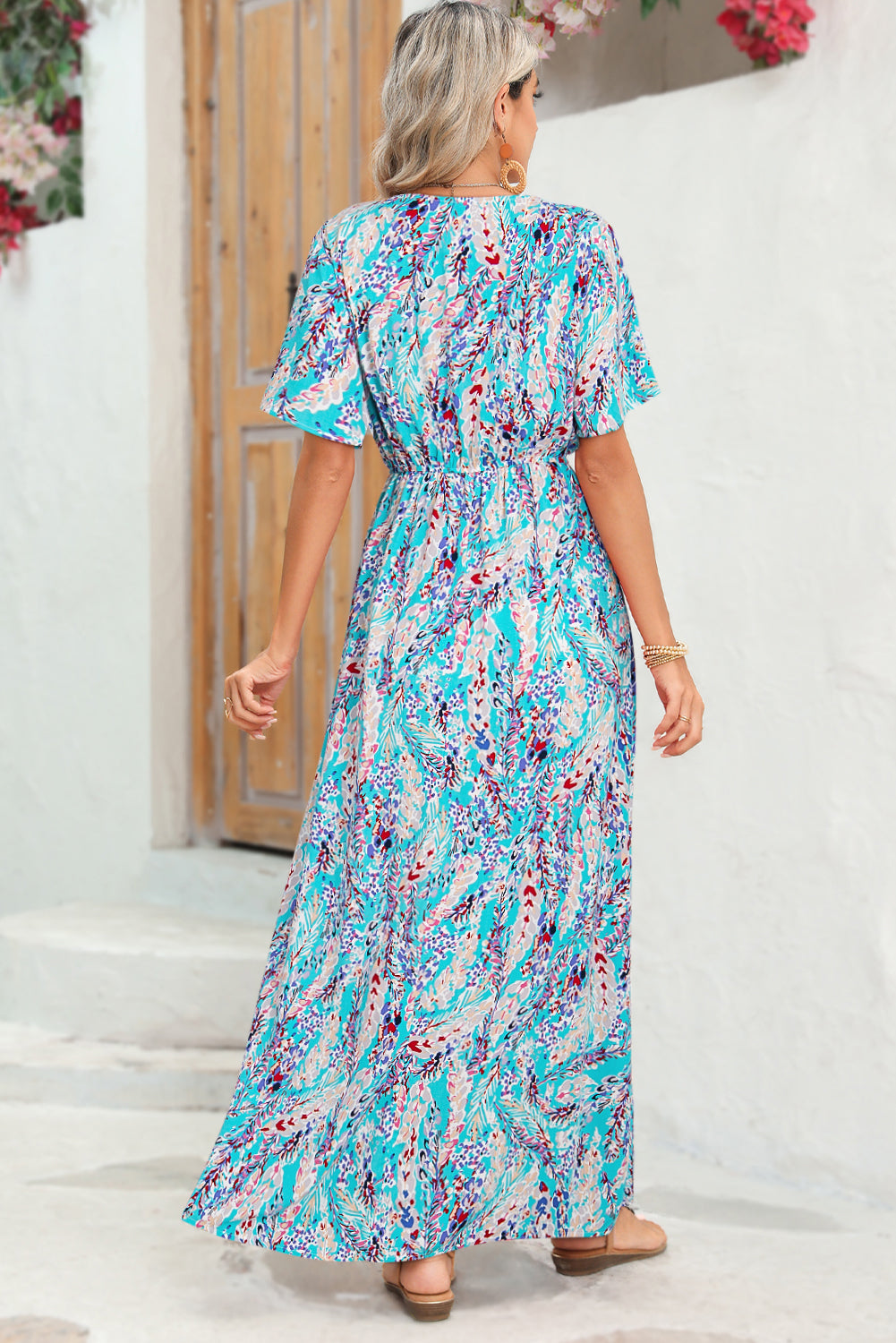 Abstract Print Wrap V Neck Flutter Sleeve Mid Length Summer Dress