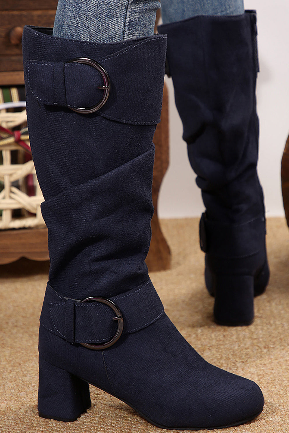 Dark Grey Suede Double Buckled Side Zipper Mid-calf Boots