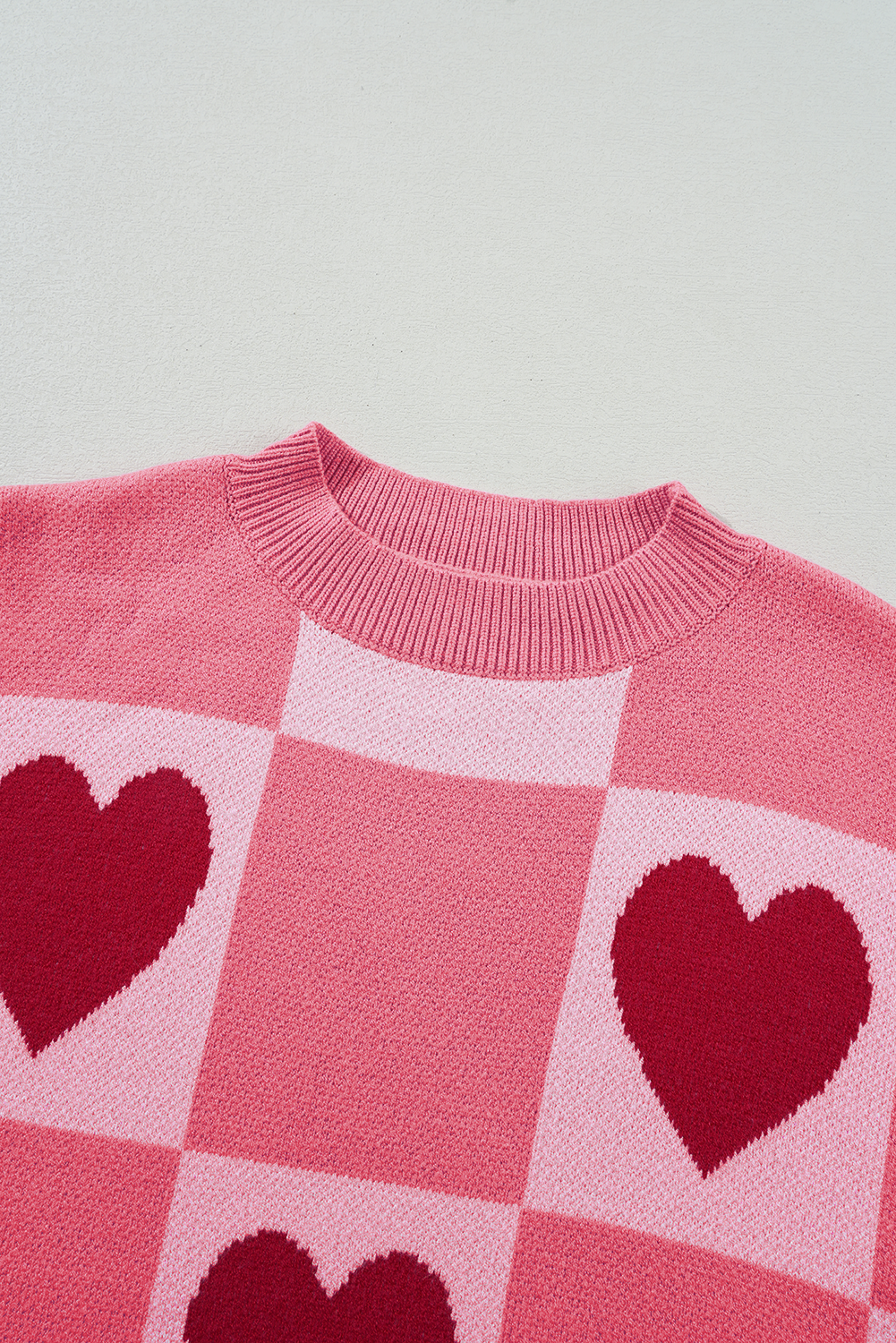 Pink Plus Size Heart Colorblock Mock Neck Lantern Sleeve Sweater