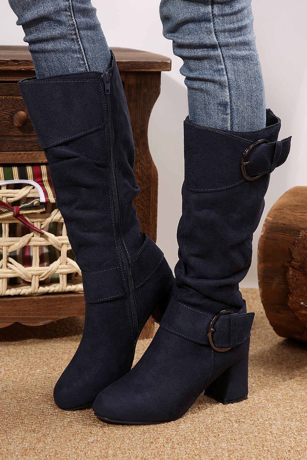 Dark Grey Suede Double Buckled Side Zipper Mid-calf Boots