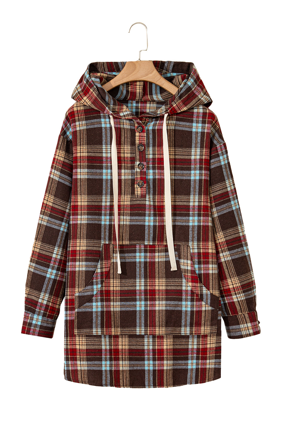 Red Plus Size Plaid Kangaroo Pocket Drawstring Hoodie