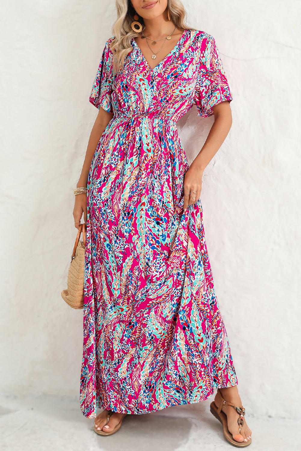 Abstract Print Wrap V Neck Flutter Sleeve Mid Length Summer Dress