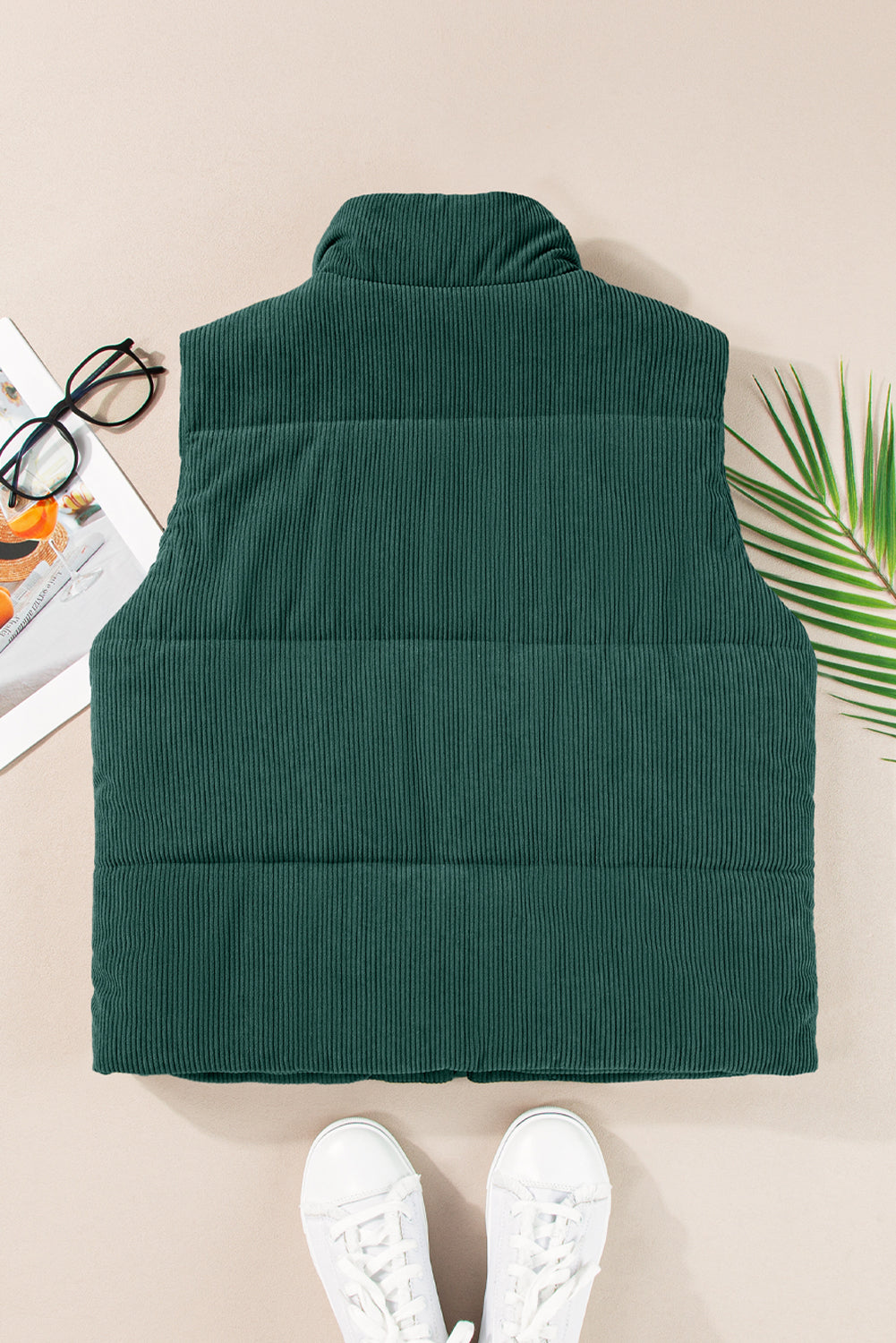 Jungle Green Solid Color Corduroy Puffer Vest Coat