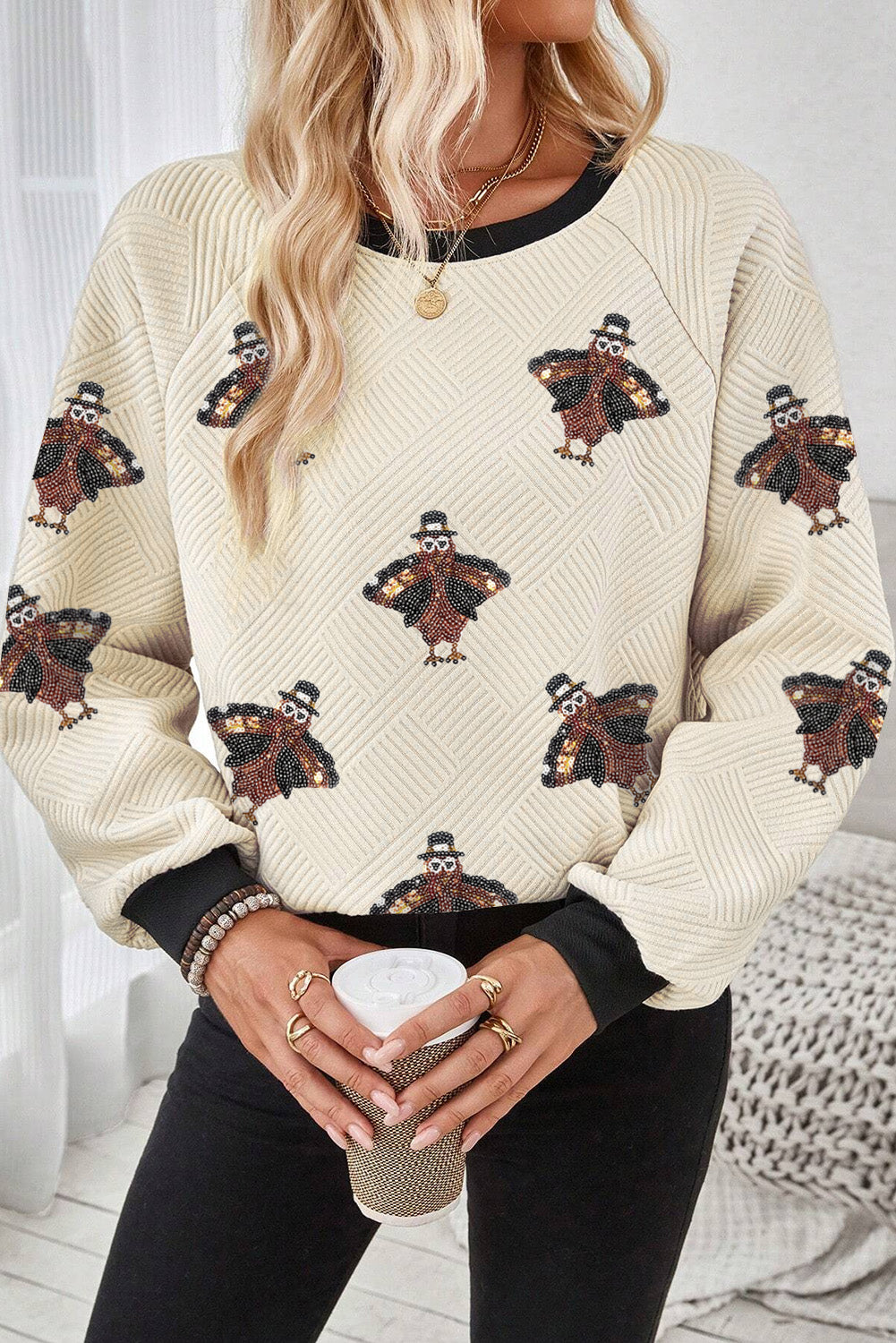 Jet Stream Textured Sequin Turkey Graphic Sweatshirt