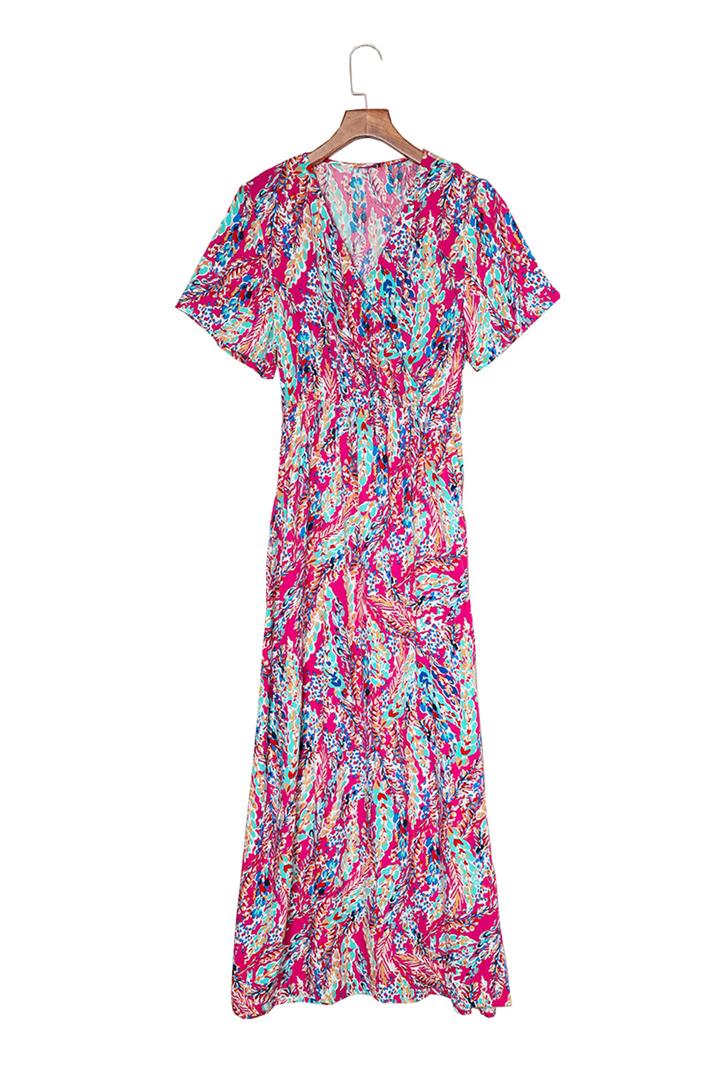 Abstract Print Wrap V Neck Flutter Sleeve Mid Length Summer Dress