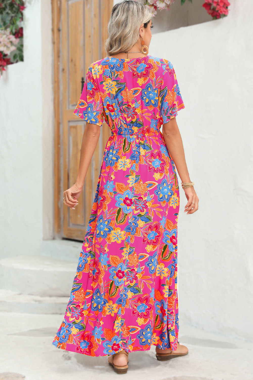 Abstract Print Wrap V Neck Flutter Sleeve Mid Length Summer Dress