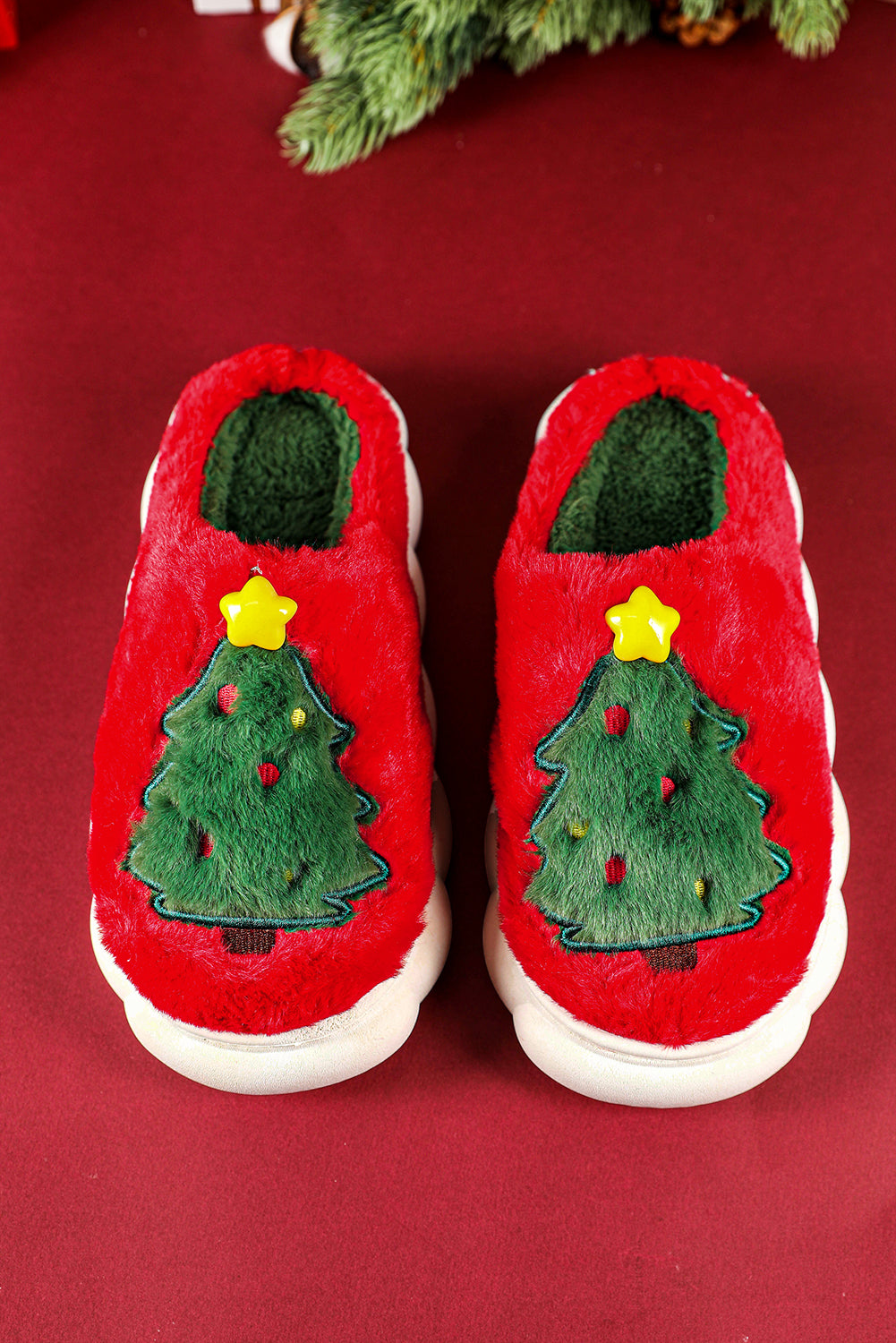 Fiery Red Christmas Tree Graphic Plush Slippers