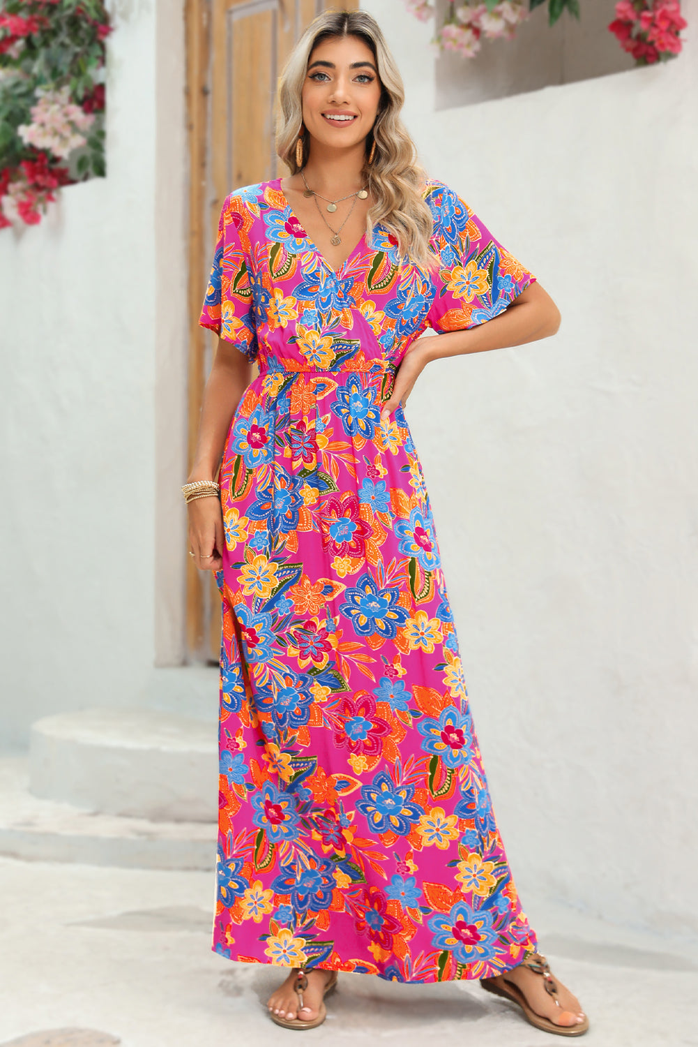 Abstract Print Wrap V Neck Flutter Sleeve Mid Length Summer Dress