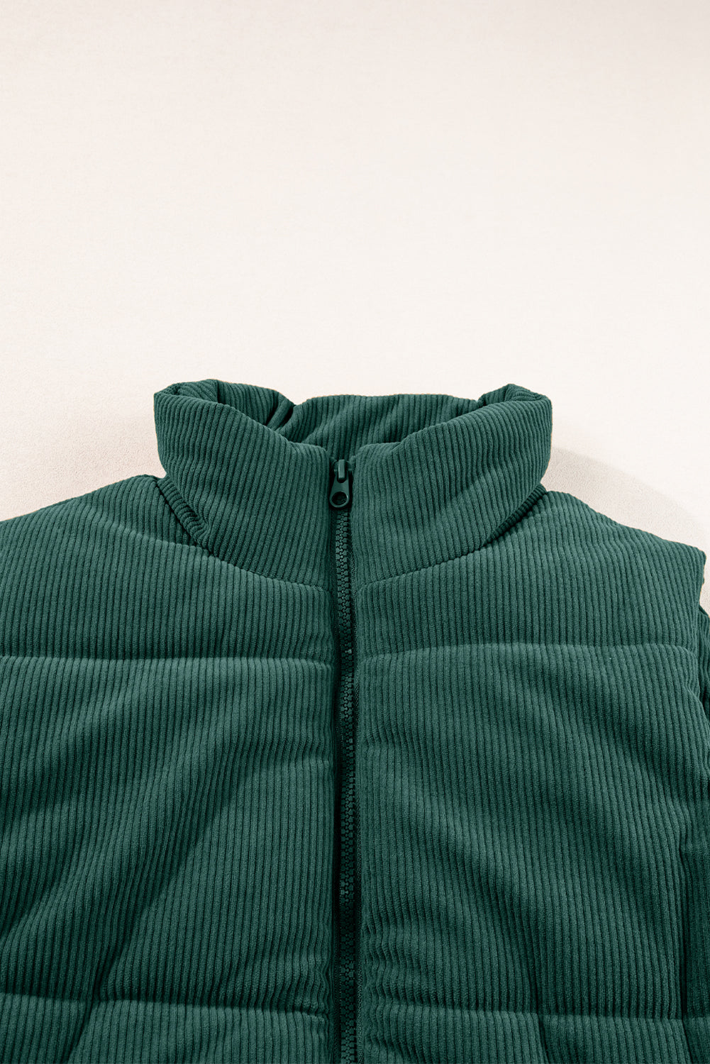 Jungle Green Solid Color Corduroy Puffer Vest Coat