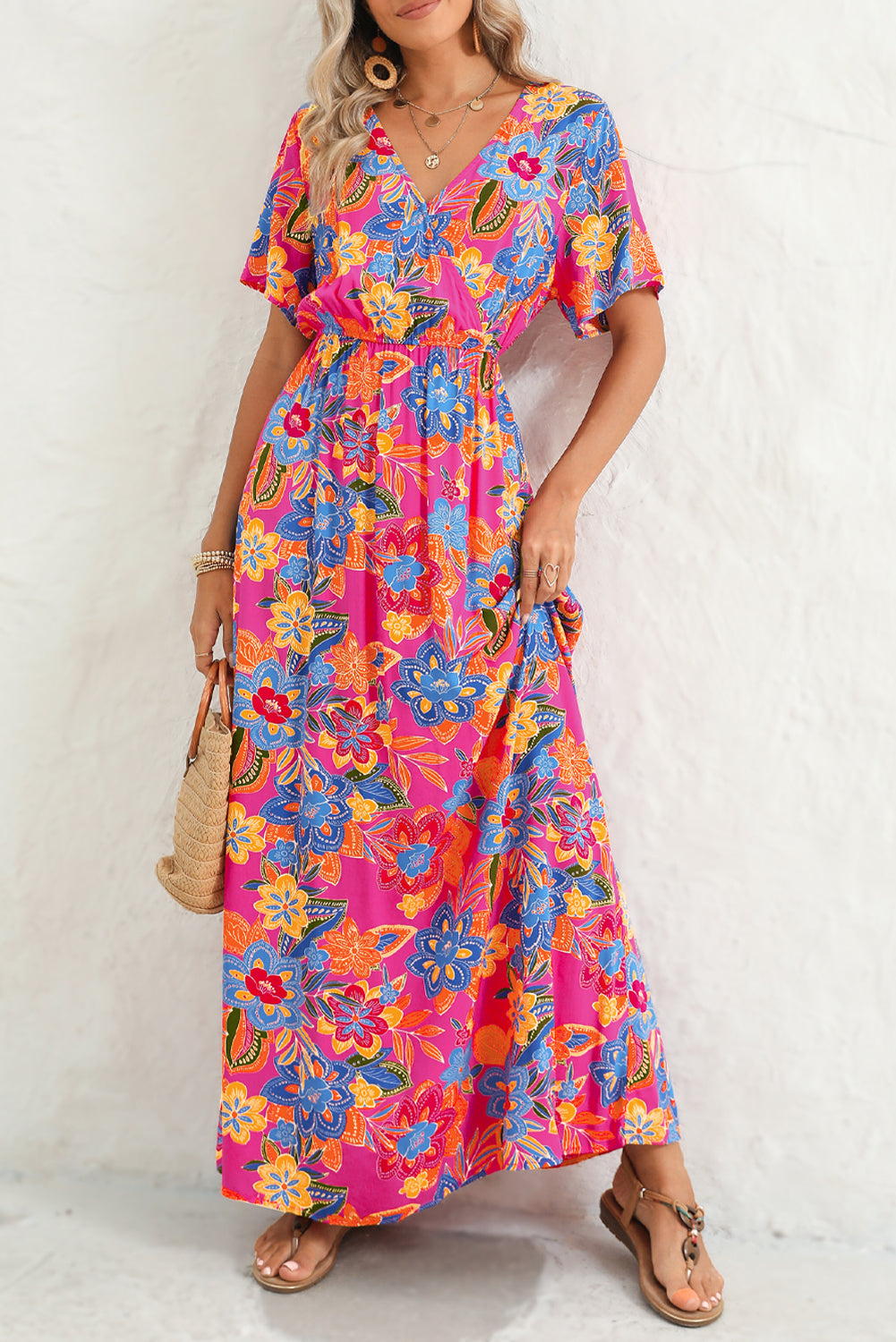 Abstract Print Wrap V Neck Flutter Sleeve Mid Length Summer Dress