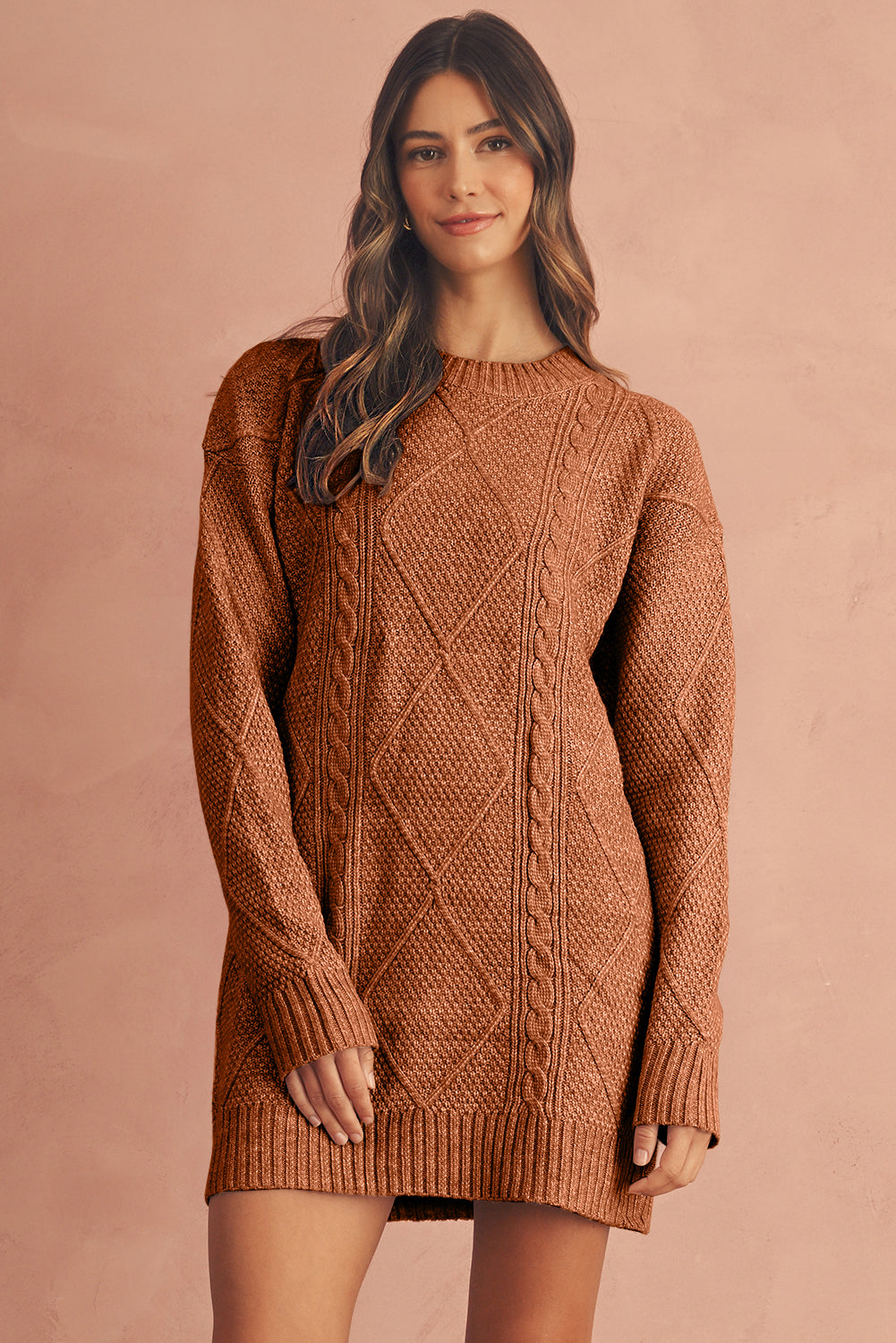 Coffee Twist Cable Knit Drop Shoulder Loose Fit Sweater Dress