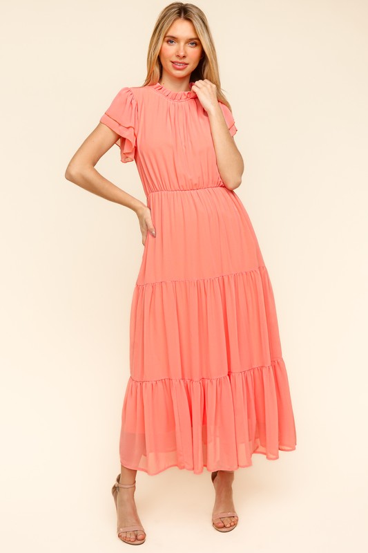 Haptics Full Size Tiered Frill Mock Neck Short Sleeve Dress