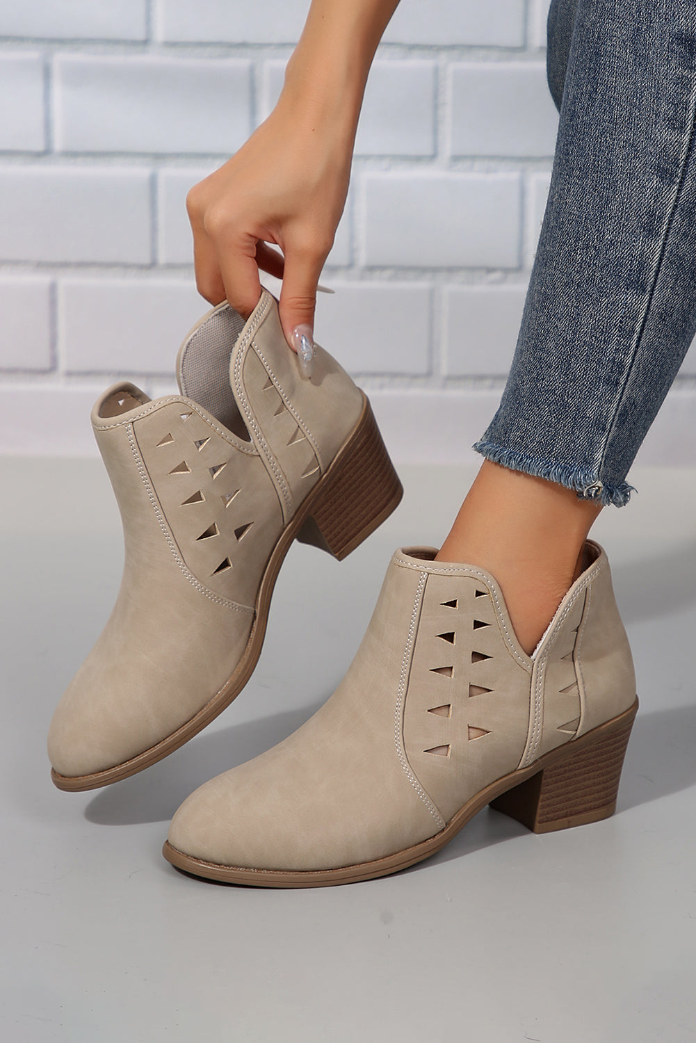 Parchment Cut Out Suede Pointed Toe Heeled Ankle Boots