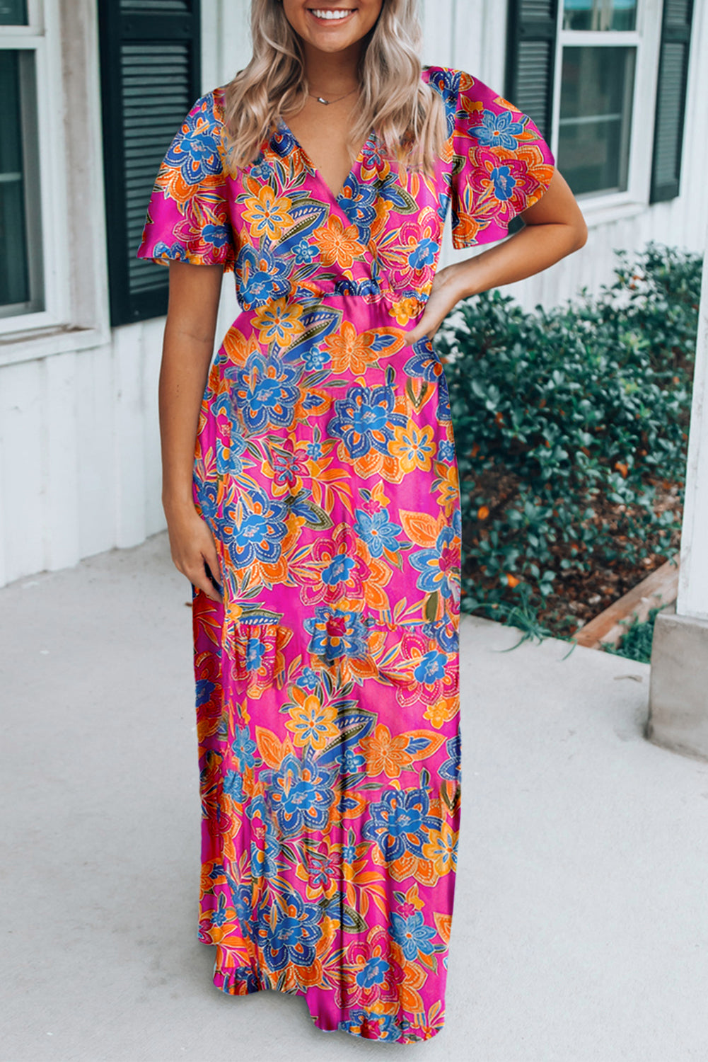 Abstract Print Wrap V Neck Flutter Sleeve Mid Length Summer Dress